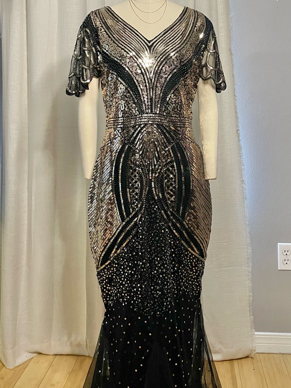 Art-Deco Black and Gold Sequin V-Neck Maxi Dress